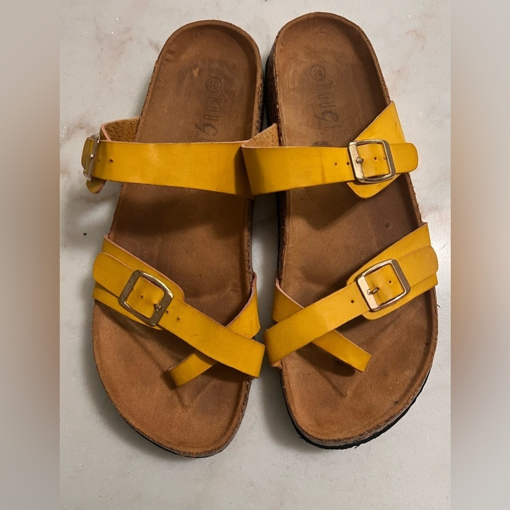 Yellow Double-Buckle Slide Sandals with Adjustable Straps